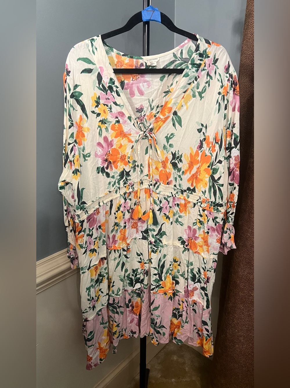 Women's Floral Tie-Front Tunic Dress — White with Orange, Pink & Green Floral